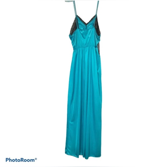 Teal Nightgown Gown Dress Lingerie Satin Polyester No Label Approx XS - Picture 3 of 3